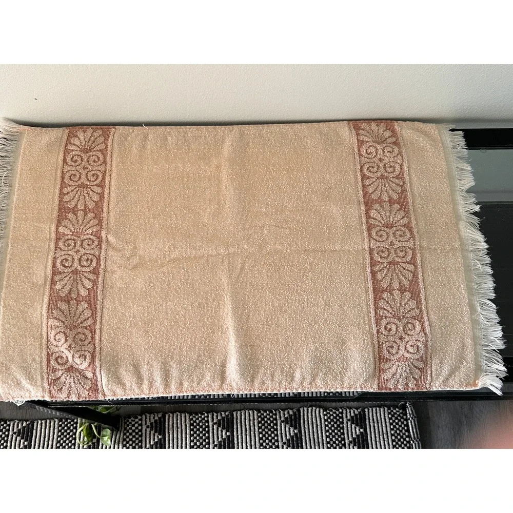 Vintage Cannon Peach/Coral Hand Towel Washcloth Set Floral Jacquard Fringe USA
